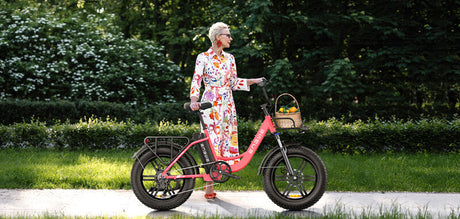 a woman stands near engwe l20 step through electric bicycle