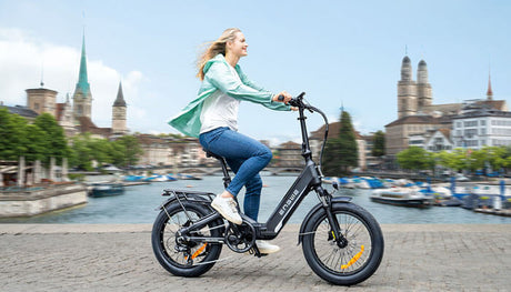 a woman riding engwe l20 3.0 boost e bike 
