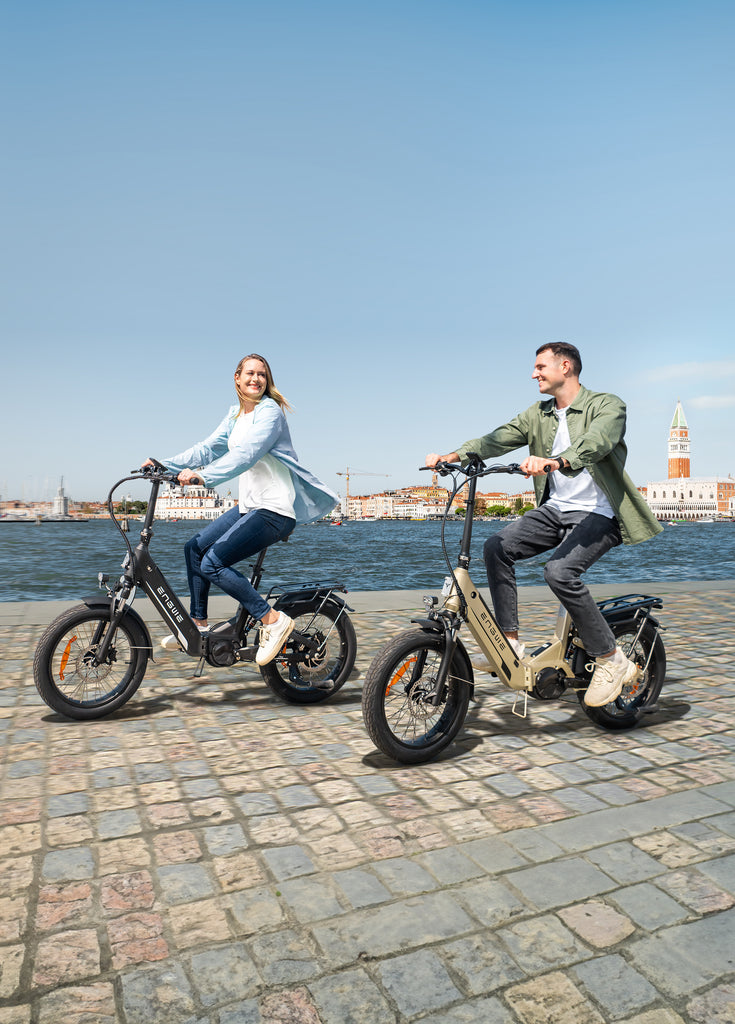 2 persons riding foldable e bicycle ENGWE  L20 3.0 Pro 
